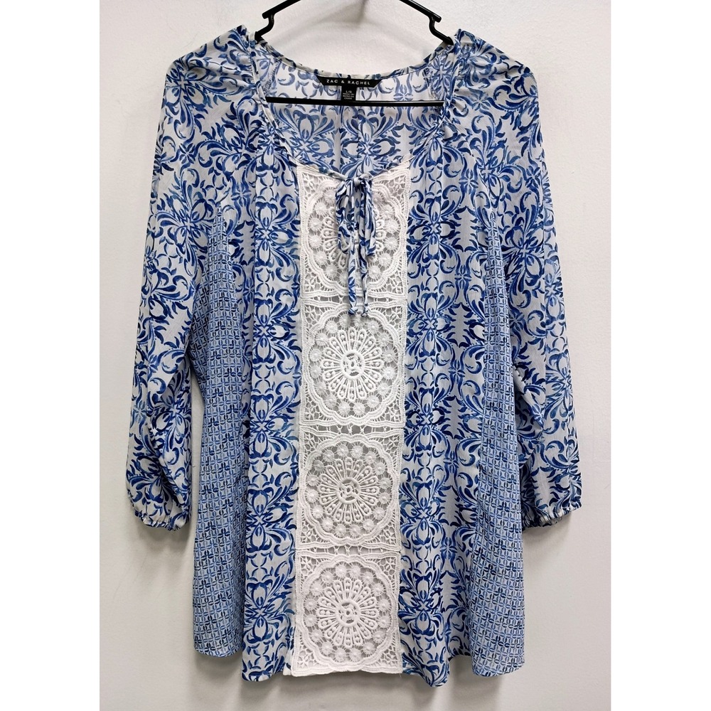 Zac & Rachel BOHO Cottage Top Womens Large Blue White Floral Crochet